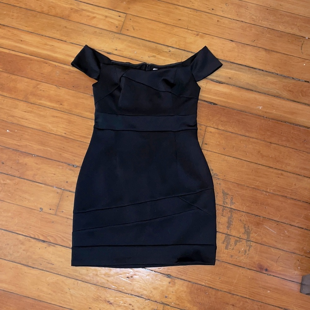 Pink Stitch Black off the shoulder satin dress